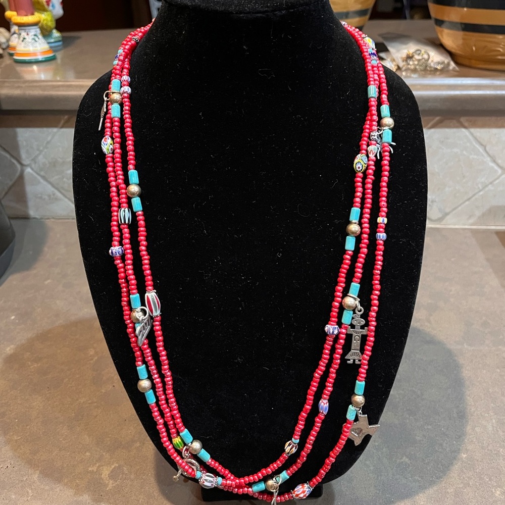 Handmade Multi-Strand Storyteller Necklace - Red &Turquoise with Western Charms